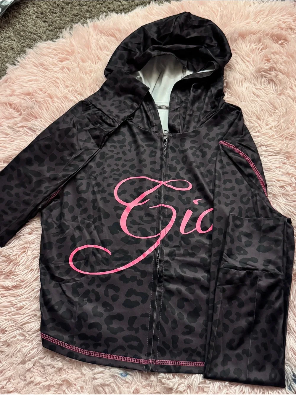 Girls Black Leopard Print Hoodie & Pants Pajama Set with Pink Script